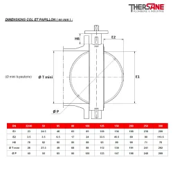 Dimensions col et papillon Robinet papillon à oreilles de centrage gamme excellence TTV corps fonte papillon inox revetu